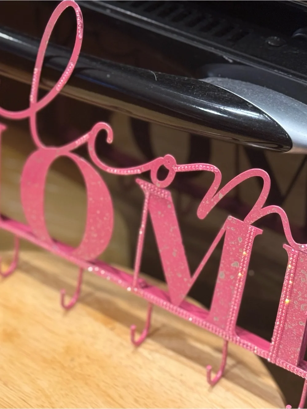 “Welcome Home “Pink Wall Hook Rack for keys Rhinestone accents